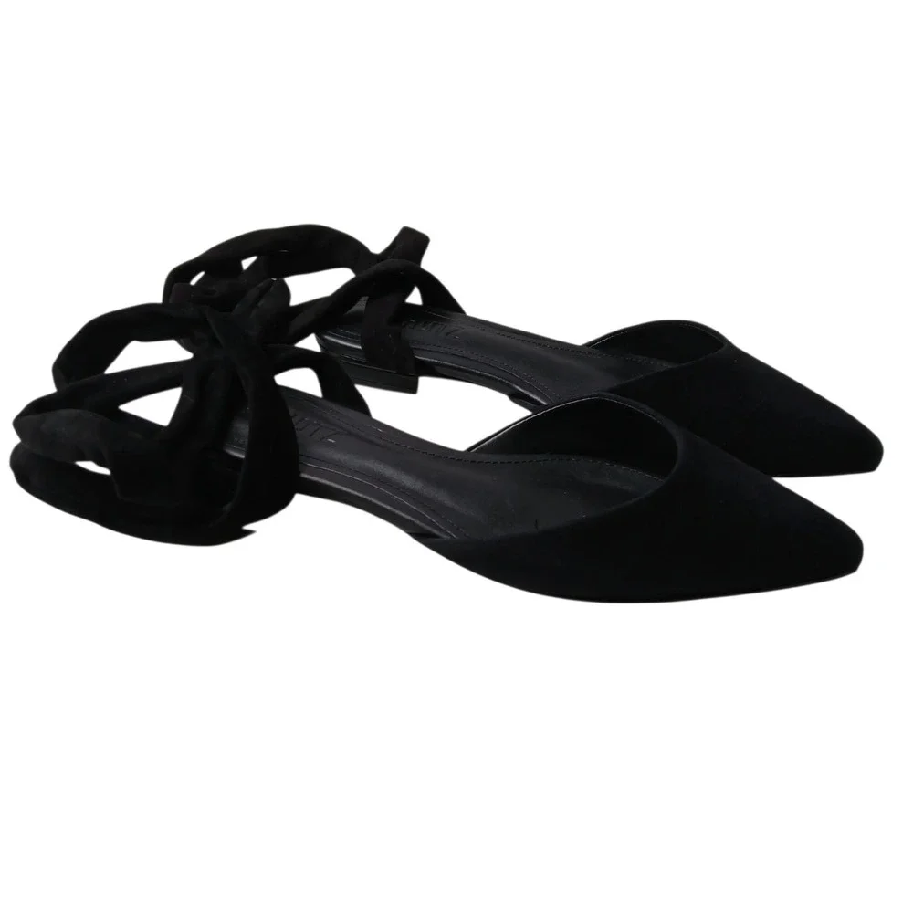 NIB Schutz Barbrah Black Suede Pointed Toe Ankle Tie Wrap D'Orsay Flats Size 6.5